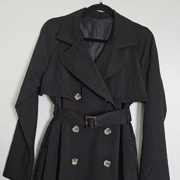 Resexxy Gyaru Black Trench Coat Pleated Lace Panel Sides Tortoise Shell Buttons - Picture 5 of 14